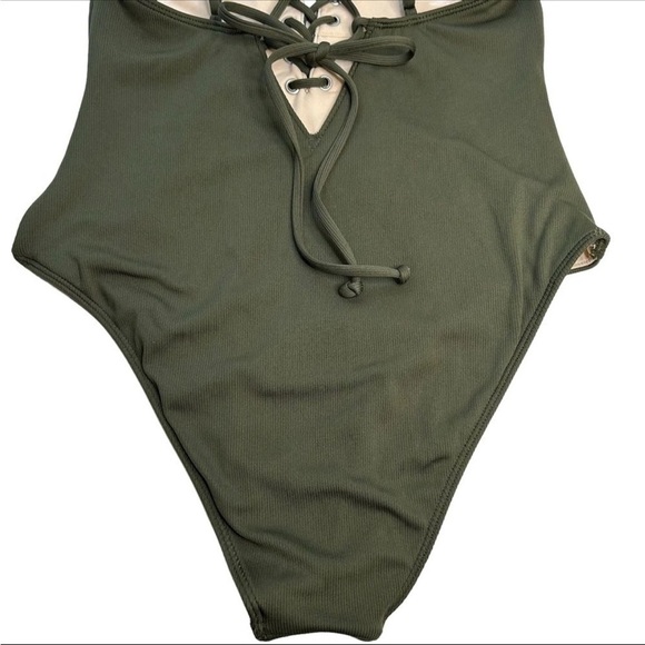 LA Hearts by PacSun Tie Front One-Piece Swimsuit Olive Green Ribbed SizeXS - Picture 6 of 13